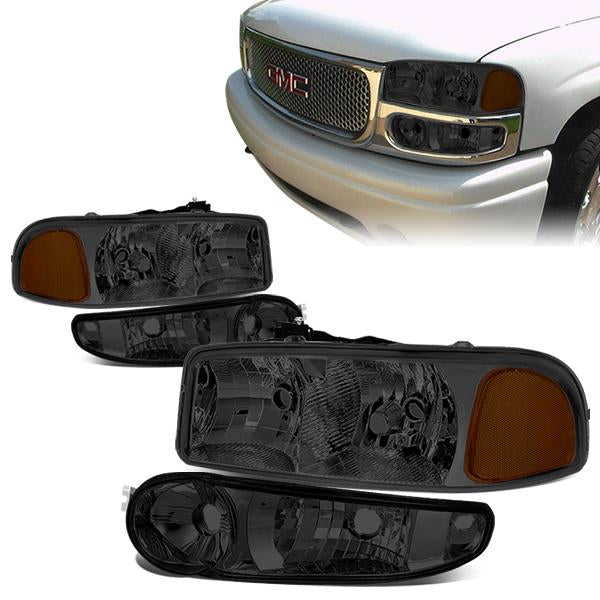 DNA Motoring, 01-07 GMC Sierra Yukon XL 1500 Denali Headlights+Bumper Lamp - Smoked Housing Amber Corner