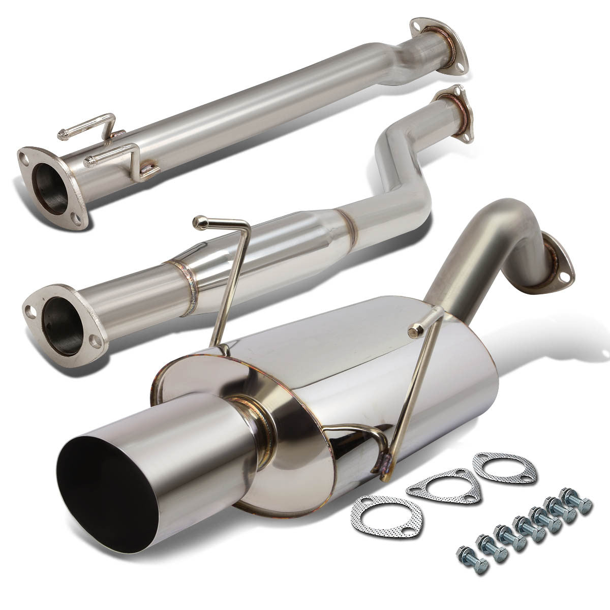 J2 Engineering, 02-05 Honda Civic Si Hatchback Catback Exhaust w/4 in. OD Muffler Tip - Stainless Steel