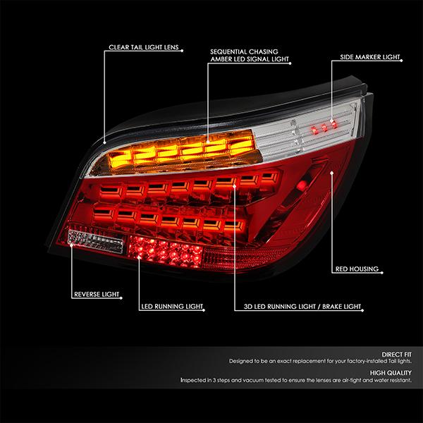 DNA Motoring, 04-07 BMW 5-Series E60 OLED Sequential Turn Signal Rear Brake Tail Lights - Red/ Clear Lens