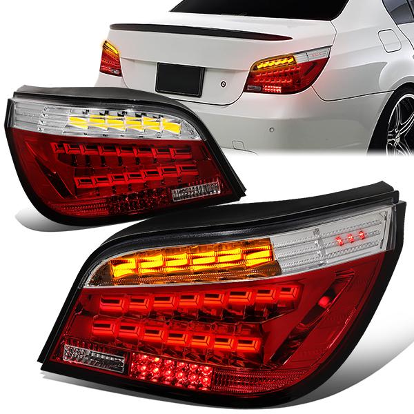 DNA Motoring, 04-07 BMW 5-Series E60 OLED Sequential Turn Signal Rear Brake Tail Lights - Red/ Clear Lens