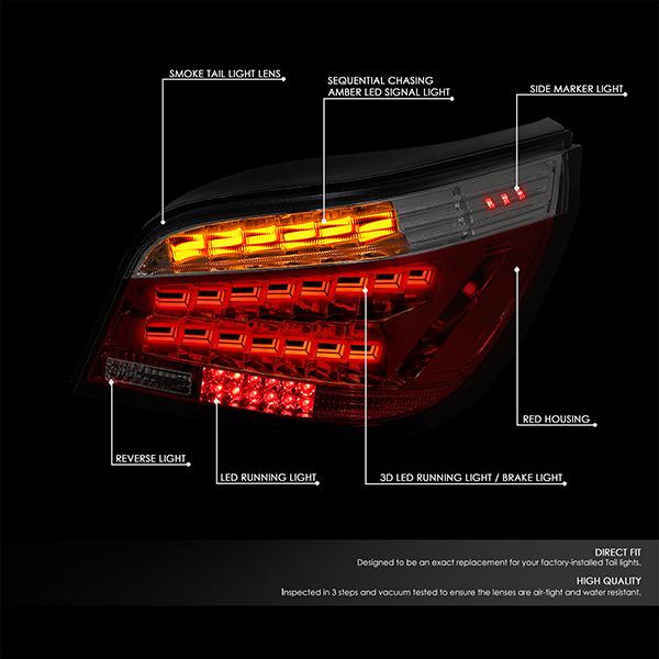 DNA Motoring, 04-07 BMW 5-Series E60 OLED Sequential Turn Signal Rear Brake Tail Lights - Smoked/ Red Lens