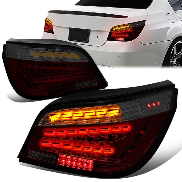 DNA Motoring, 04-07 BMW 5-Series E60 OLED Sequential Turn Signal Rear Brake Tail Lights - Smoked/ Red Lens