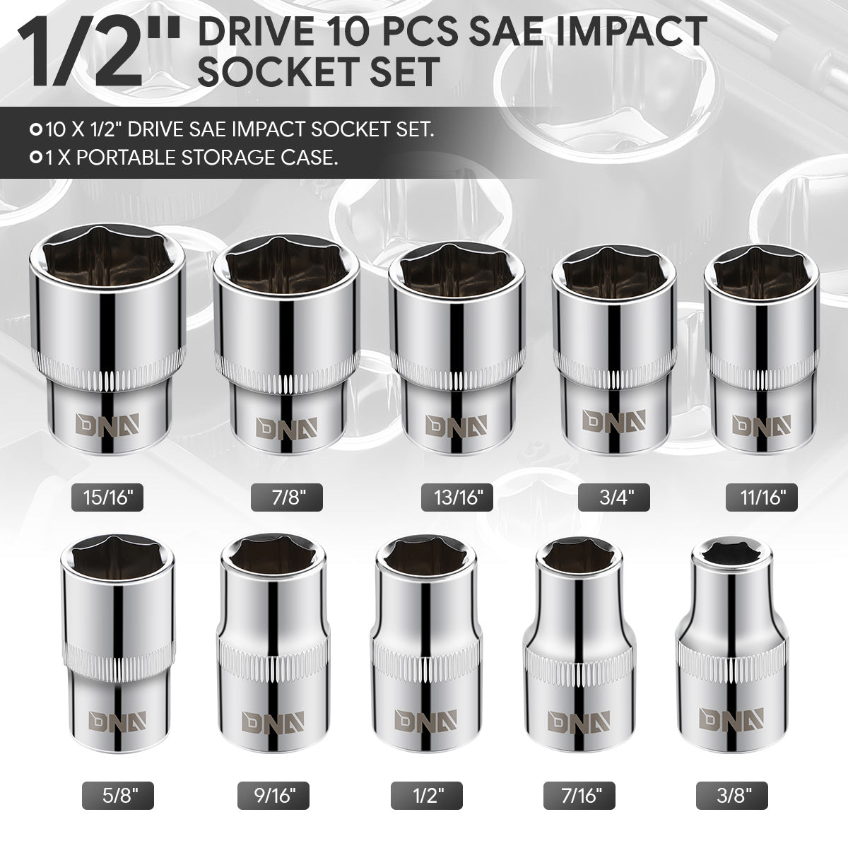 DNA Motoring, 10-Pieces 1/2 in. Drive SAE Impact Socket Set