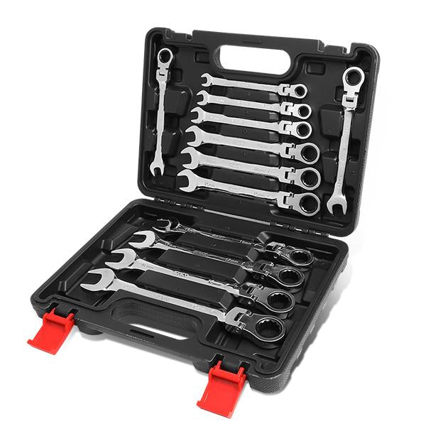 DNA Motoring, 12 Pcs Flex-Head Metric/ SAE Ratcheting Combination Wrench (Spanner) Tool Set