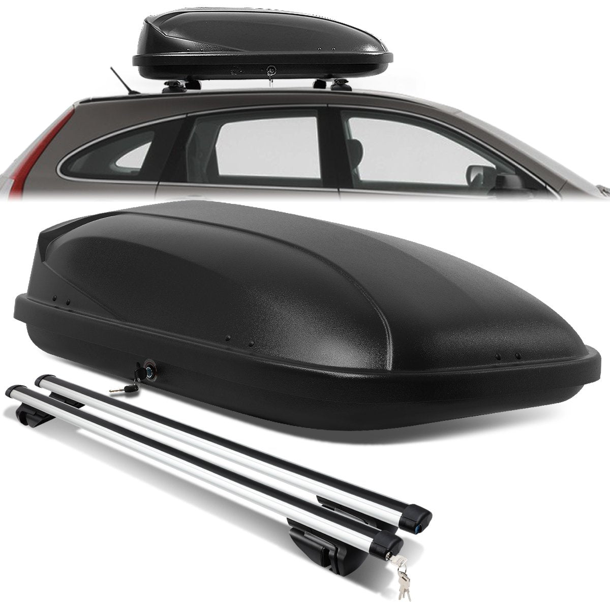 DNA Motoring, 120cm Aluminum Roof Rack Cross Bar + 51 in. L x 32 in. W x 15 in. H Lockable Roof Cargo Box - Black