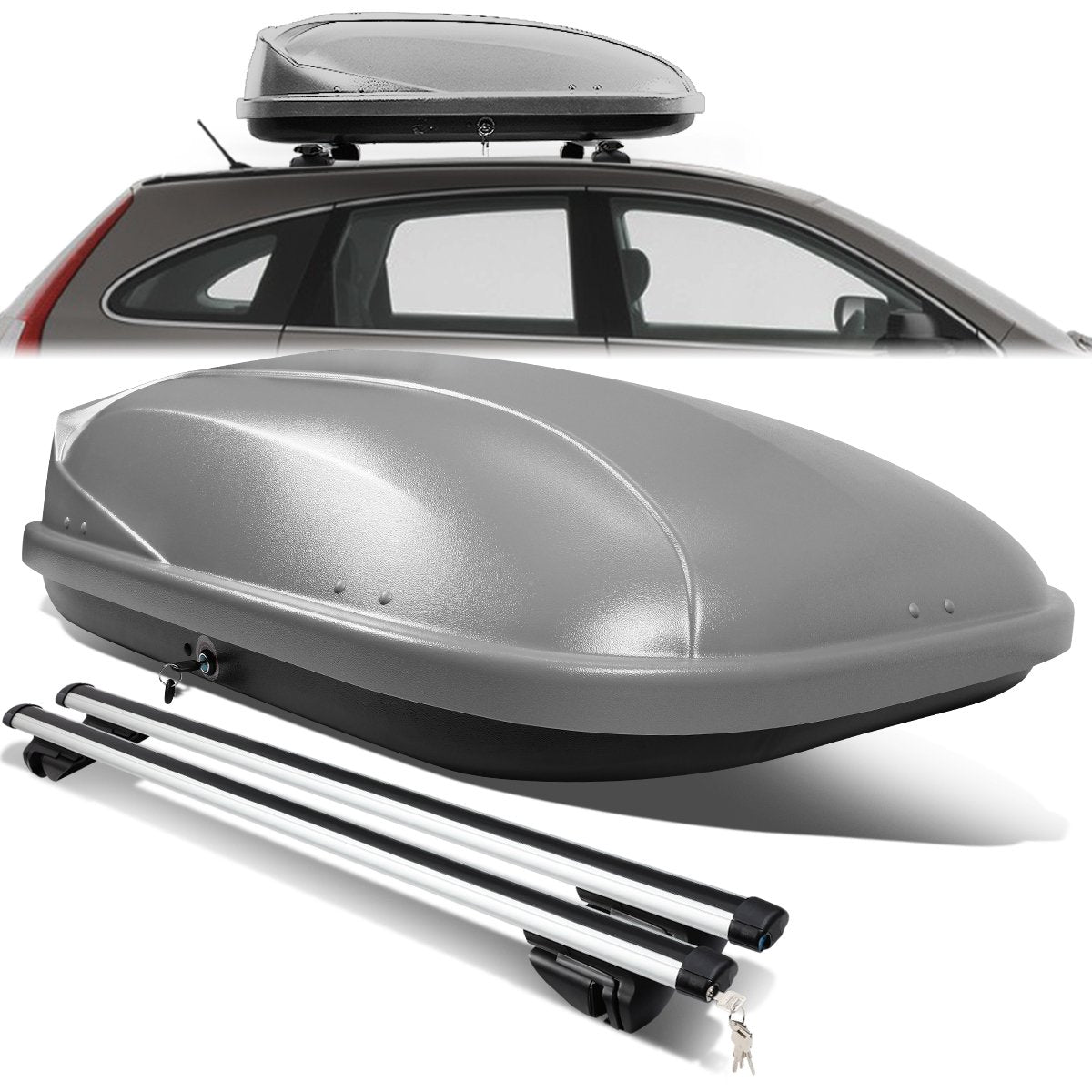 DNA Motoring, 120cm Aluminum Roof Rack Cross Bar + 51 in. L x 32 in. W x 15 in. H Lockable Roof Cargo Box - Grey