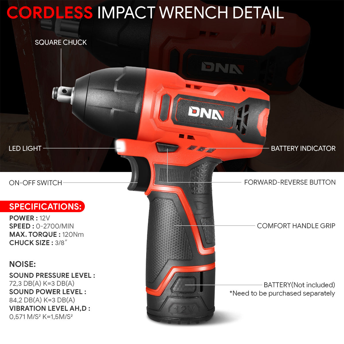 DNA Motoring, 12V Cordless 3/8 in. Electric Impact Wrench with LED Light (Optional Battery & Charger)