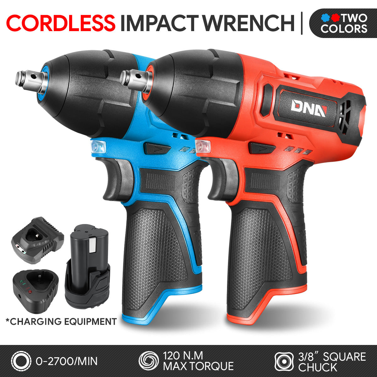 DNA Motoring, 12V Cordless 3/8 in. Electric Impact Wrench with LED Light (Optional Battery & Charger)