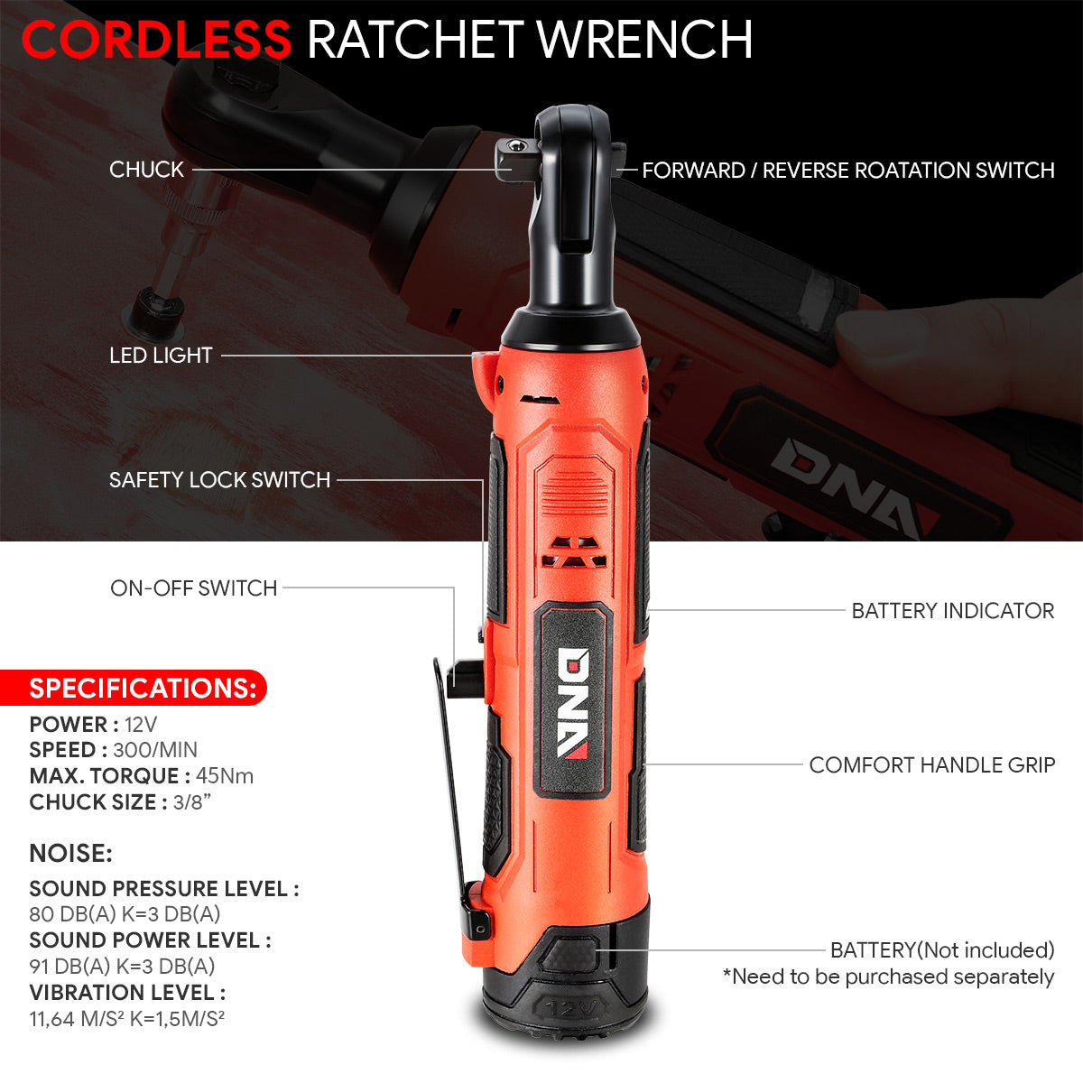 DNA Motoring, 12V Cordless 3/8 in. Electric Ratchet Wrench with LED Light (Optional Battery & Charger)