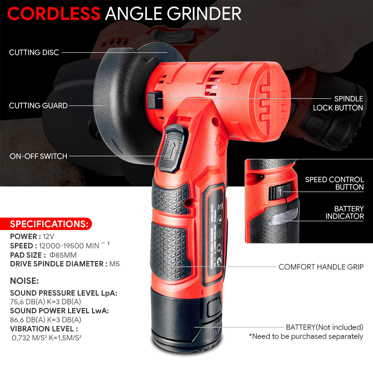 DNA Motoring, 12V Cordless Angle Grinder with 85mm Cut Disc (Optional Battery & Charger)