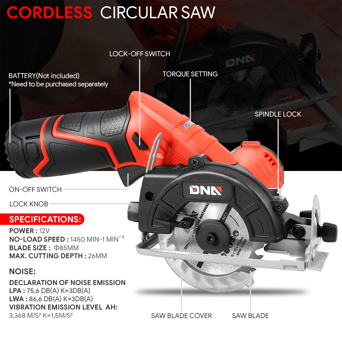 DNA Motoring, 12V Cordless Circular Saw with LED Light & 0-45° Bevel Adjustment (Optional Battery & Charger)