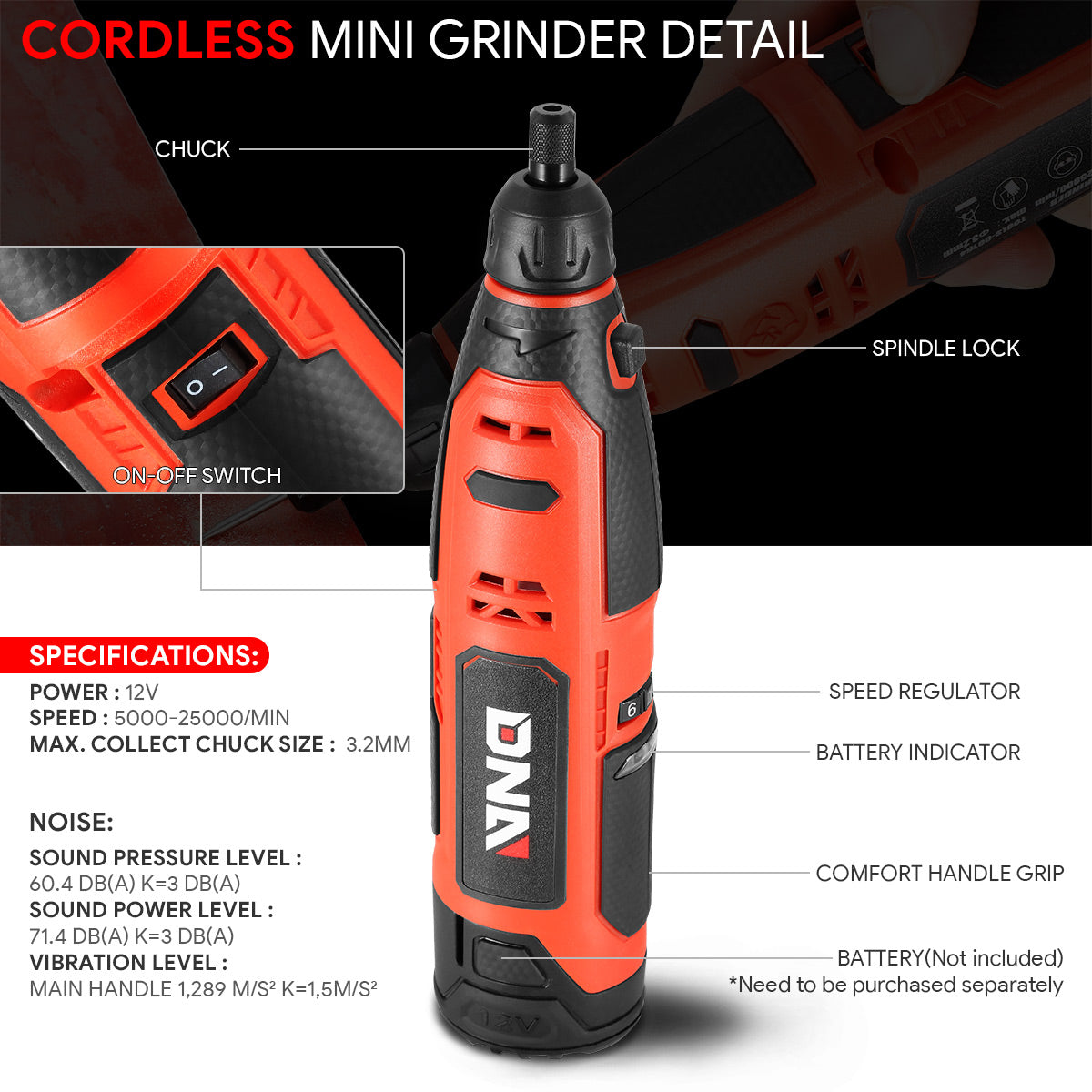 DNA Motoring, 12V Cordless Electric Mini Drill Grinder Rotary Tool Kit (Optional Battery & Charger)