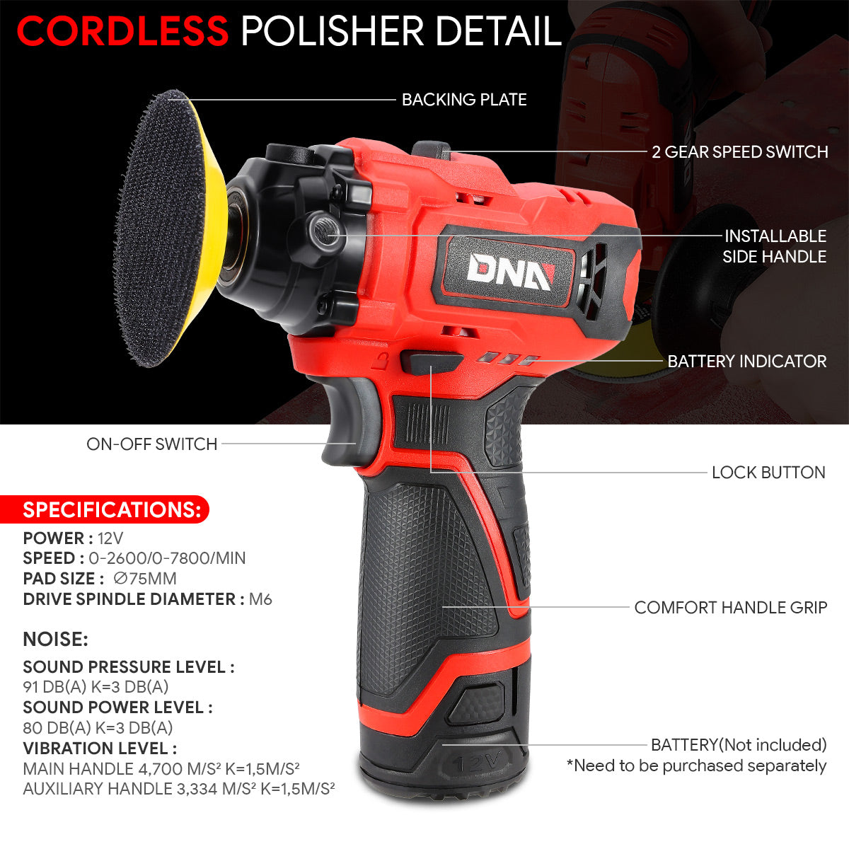 DNA Motoring, 12V Cordless Electric Polisher with Side Handle & Accessories (Optional Battery & Charger)