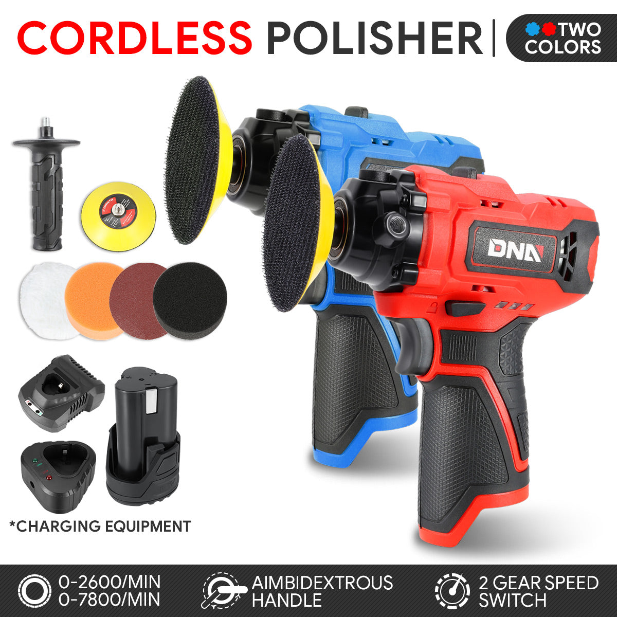 DNA Motoring, 12V Cordless Electric Polisher with Side Handle & Accessories (Optional Battery & Charger)