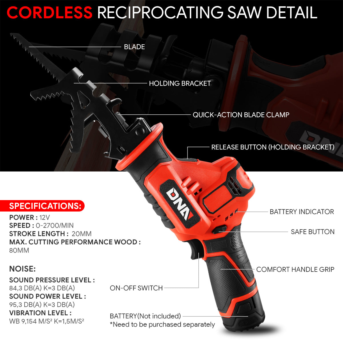 DNA Motoring, 12V Cordless Electric Reciprocating Saw with Clamping Jaw (Optional Battery & Charger)