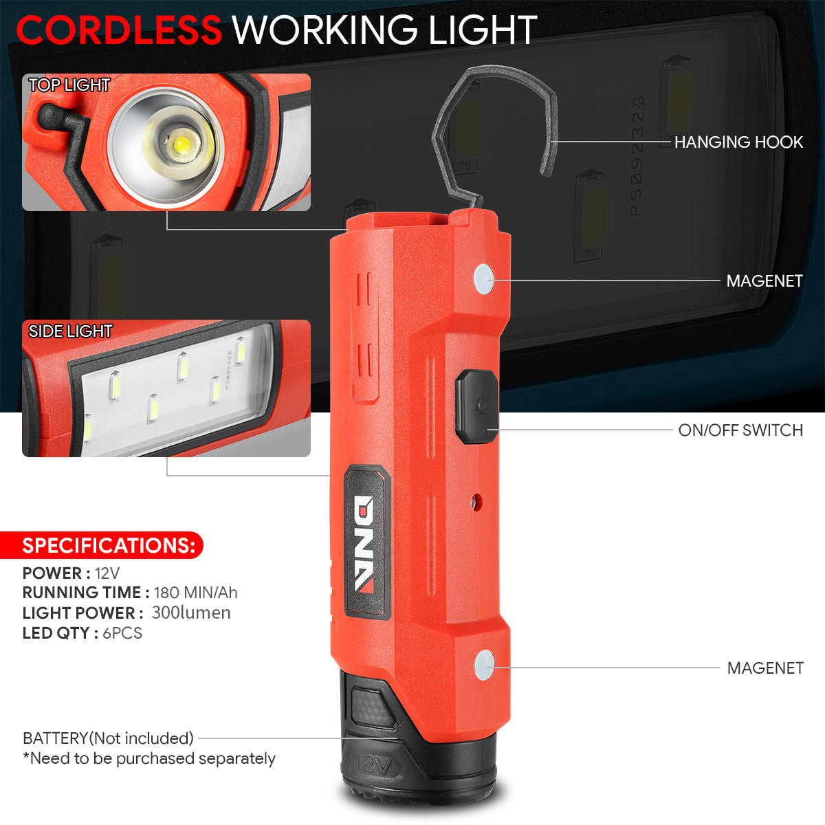 DNA Motoring, 12V LED Cordless Working Light Flashlight Lamp with Hanging Hook (Optional Battery & Charger)