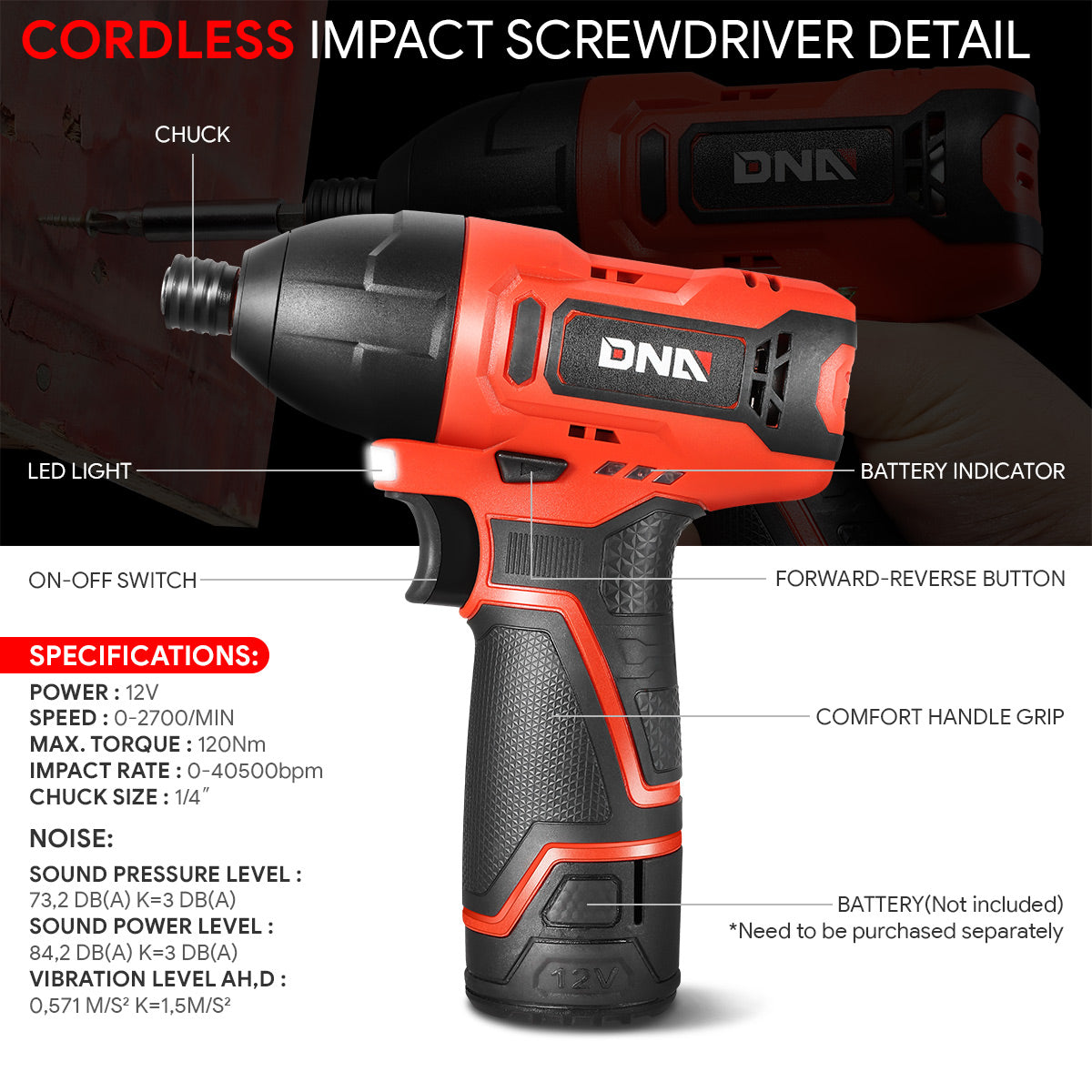 DNA Motoring, 12V Stepless Speed Cordless 1/4 in. Electric Impact Screwdriver with LED Light (Optional Battery & Charger)