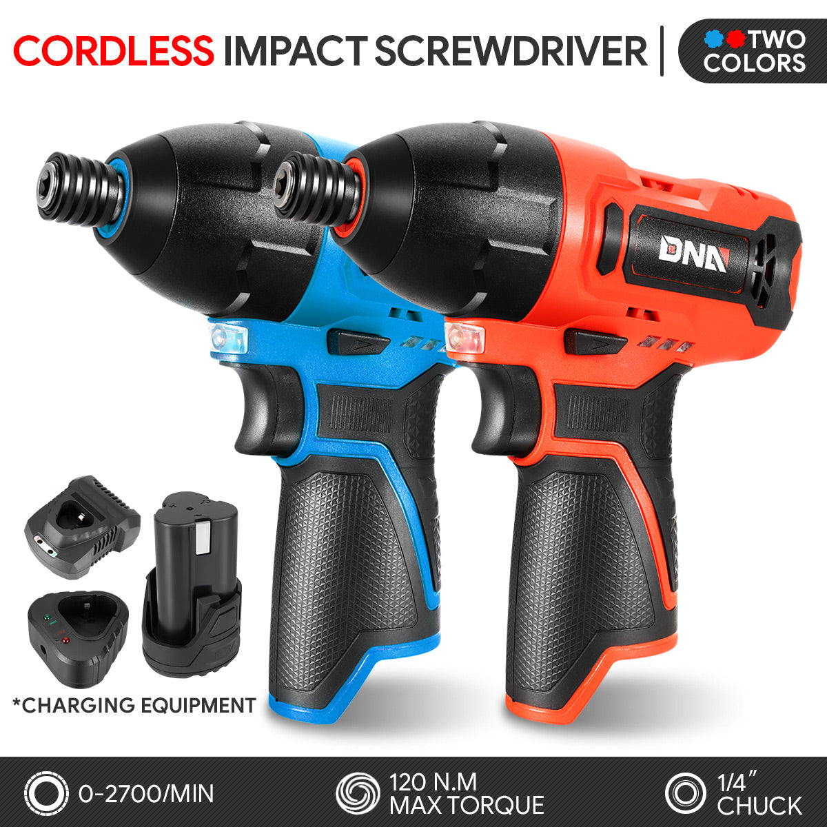 DNA Motoring, 12V Stepless Speed Cordless 1/4 in. Electric Impact Screwdriver with LED Light (Optional Battery & Charger)