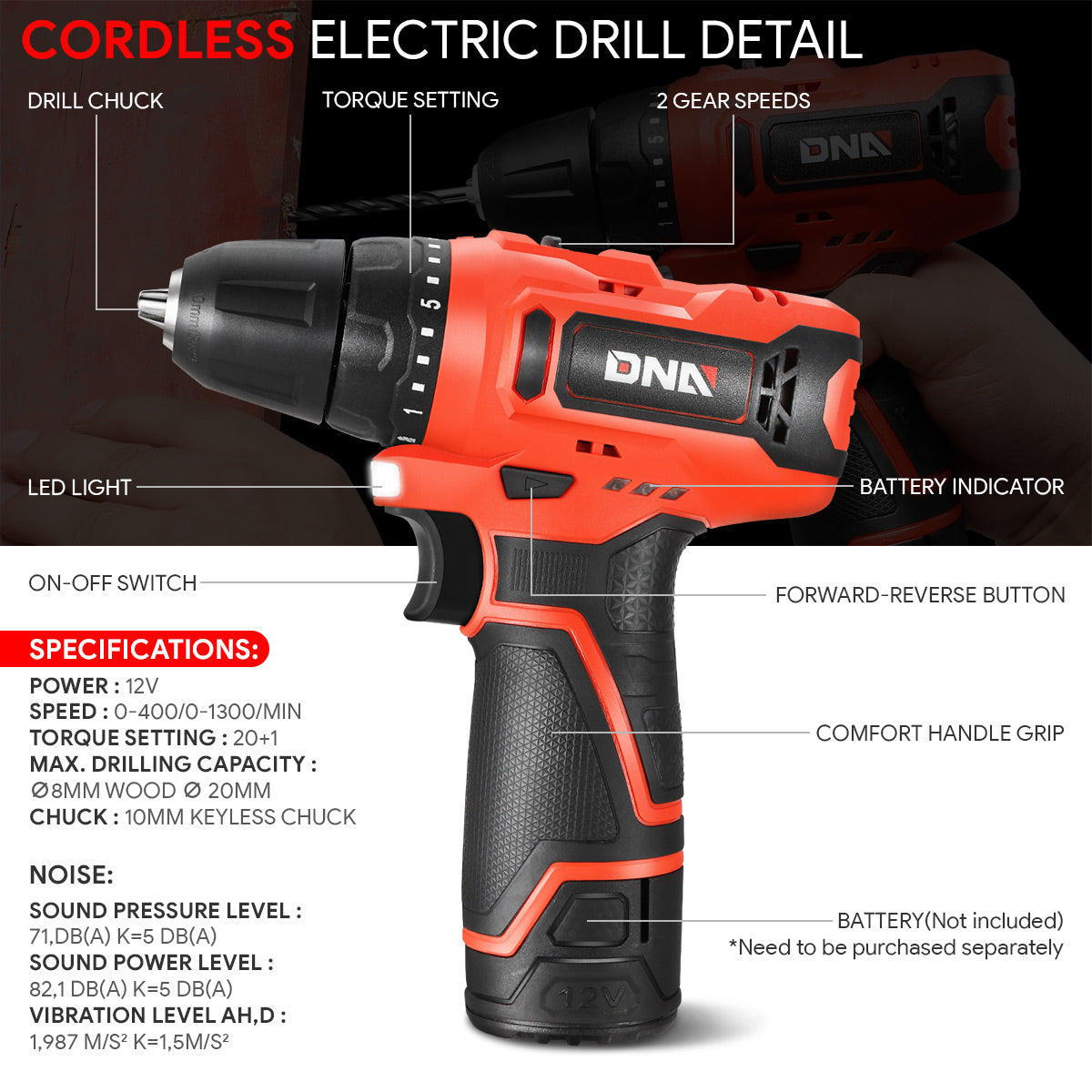 DNA Motoring, 12V Variable Speed Cordless 3/8 in. Drill/Driver with LED Light (Optional Battery & Charger)