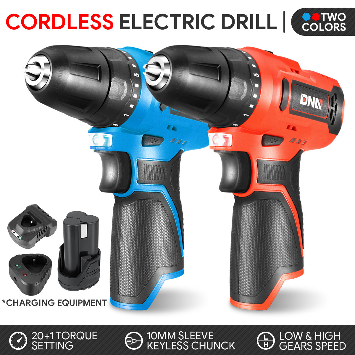 DNA Motoring, 12V Variable Speed Cordless 3/8 in. Drill/Driver with LED Light (Optional Battery & Charger)