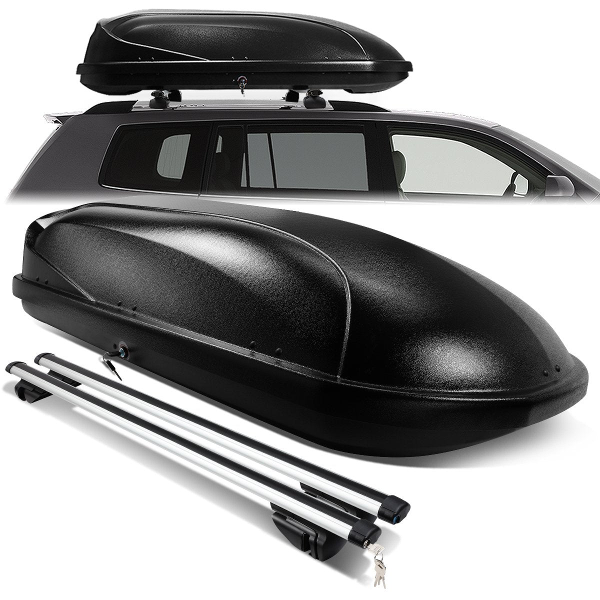 DNA Motoring, 135cm Aluminum Roof Rack Cross Bar + 51 in. L x 32 in. W x 15 in. H Lockable Roof Cargo Box - Black