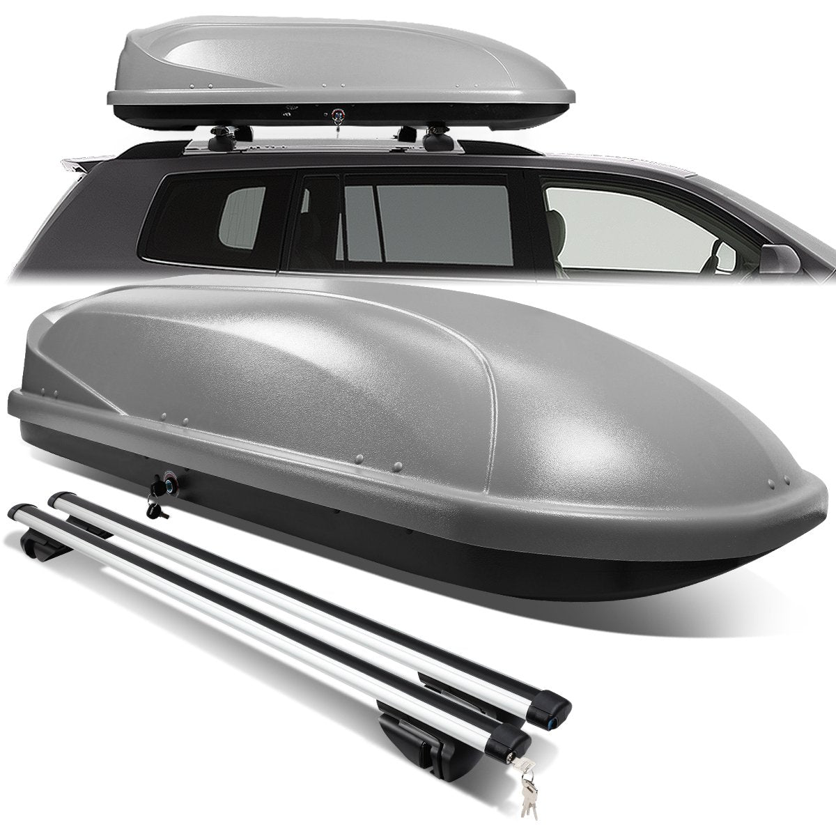 DNA Motoring, 135cm Aluminum Roof Rack Cross Bar + 51 in. L x 32 in. W x 15 in. H Lockable Roof Cargo Box - Grey