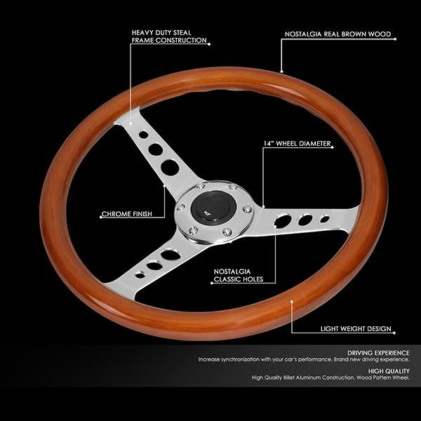 J2 Engineering, 14 in. Classic Style Wood Grain Steering Wheel - Stainless Steel Spokes