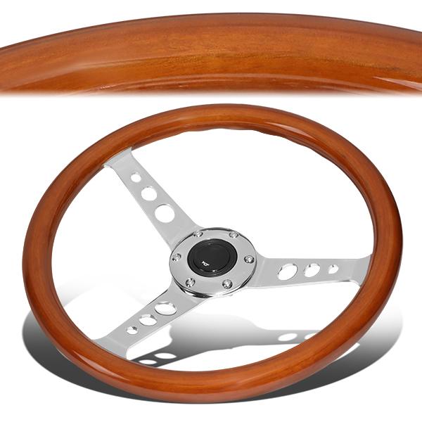 J2 Engineering, 14 in. Classic Style Wood Grain Steering Wheel - Stainless Steel Spokes