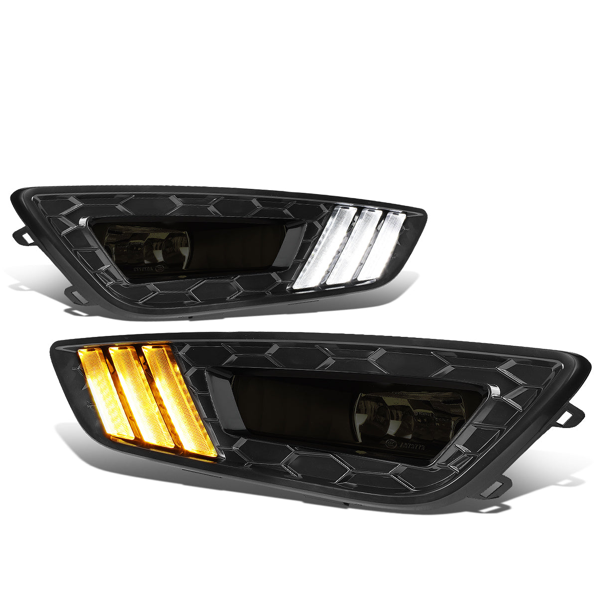 DNA Motoring, 15-18 Ford Focus LED DRL+Turn Sinal Light Smoked Lens Fog Lights - w/Black Bezel