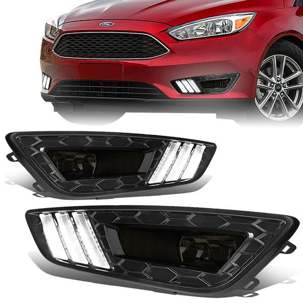 DNA Motoring, 15-18 Ford Focus LED DRL+Turn Sinal Light Smoked Lens Fog Lights - w/Black Bezel