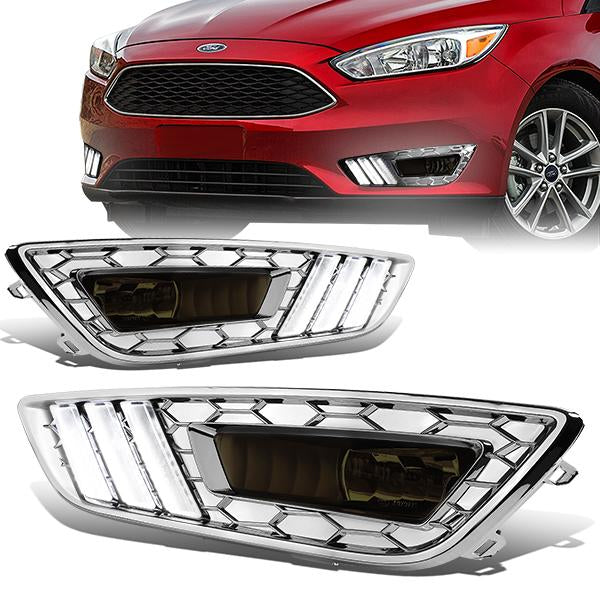 DNA Motoring, 15-18 Ford Focus LED DRL+Turn Sinal Light Smoked Lens Fog Lights - w/Chrome Bezel