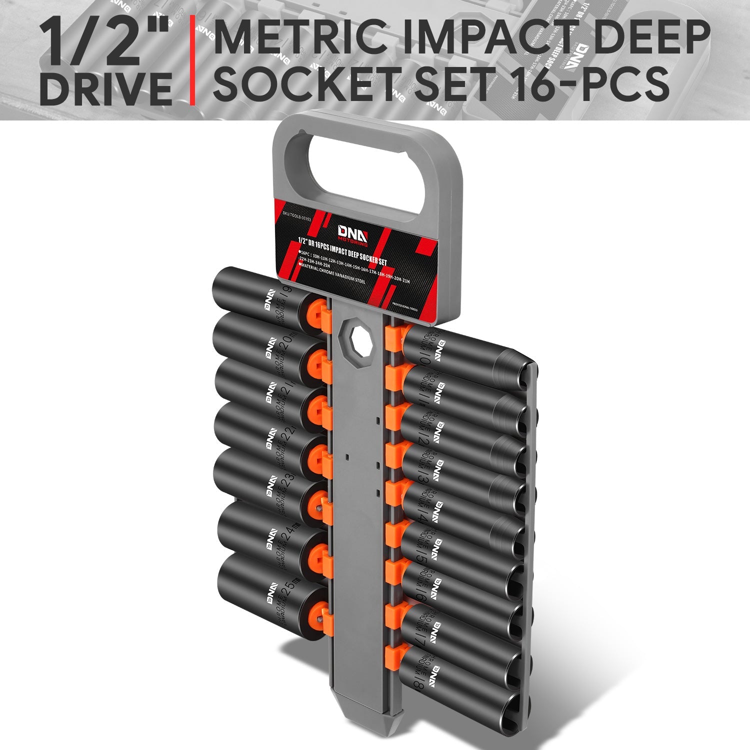 DNA Motoring, 16pcs 1/2 in. DR. Impact Deep Socket Set 10mm-25mm,Cr-V Steel