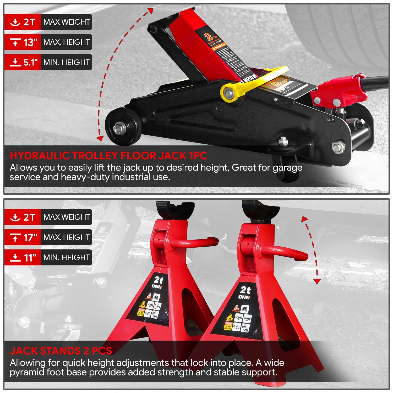 DNA Motoring, 2 Ton Hydraulic Trolley Floor Jack & Jack Stands