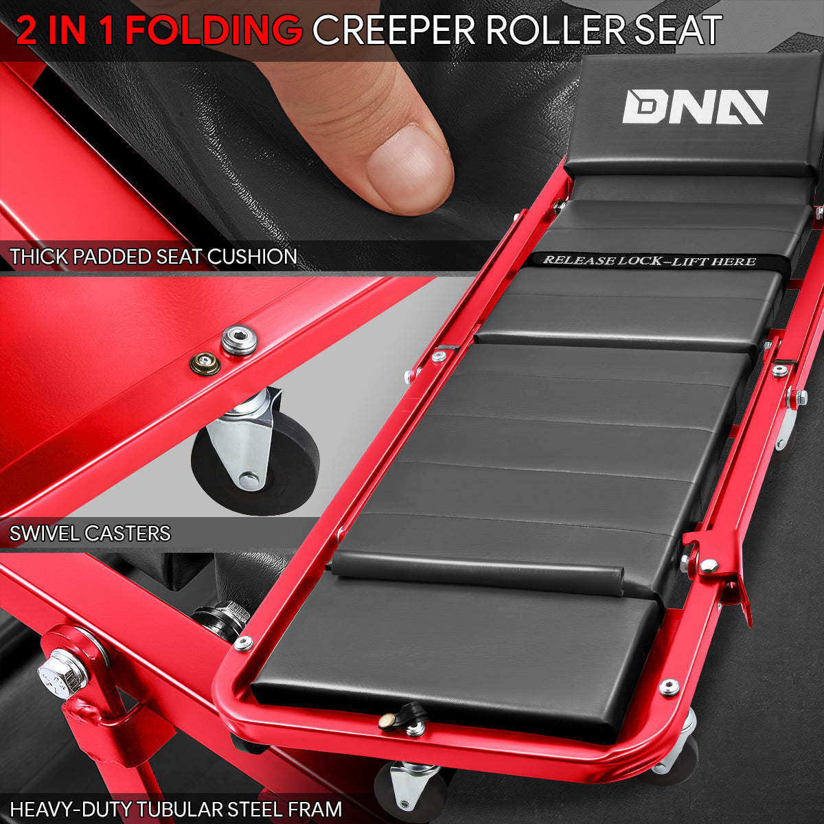 DNA Motoring, 2 in 1 Foldable Roller Seat Creeper Mechanic Stool - 47.24 in. x 17.91 in. x 5.9 in.