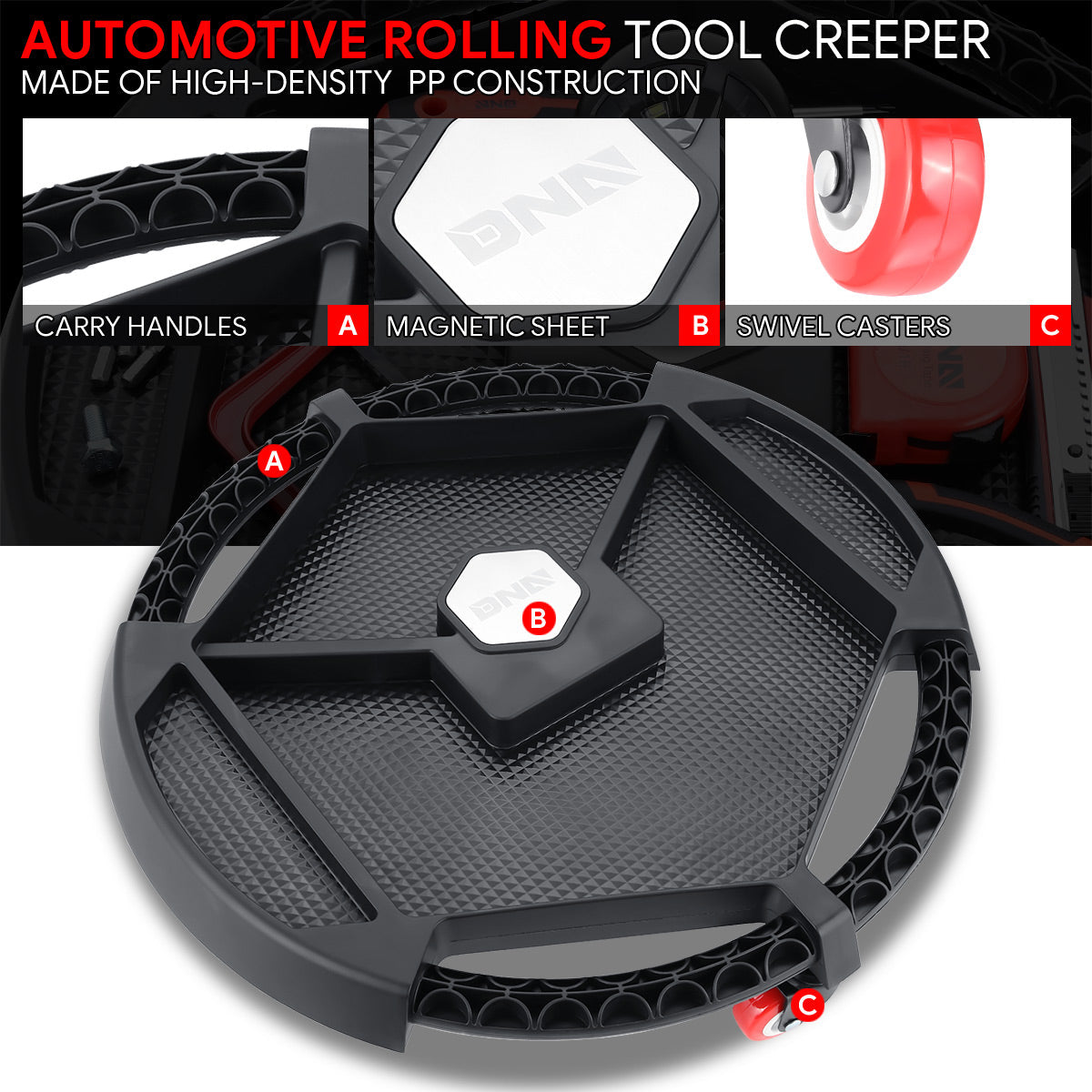 DNA Motoring, 20 in. Rolling Mechanic Tool Creeper with Work Light