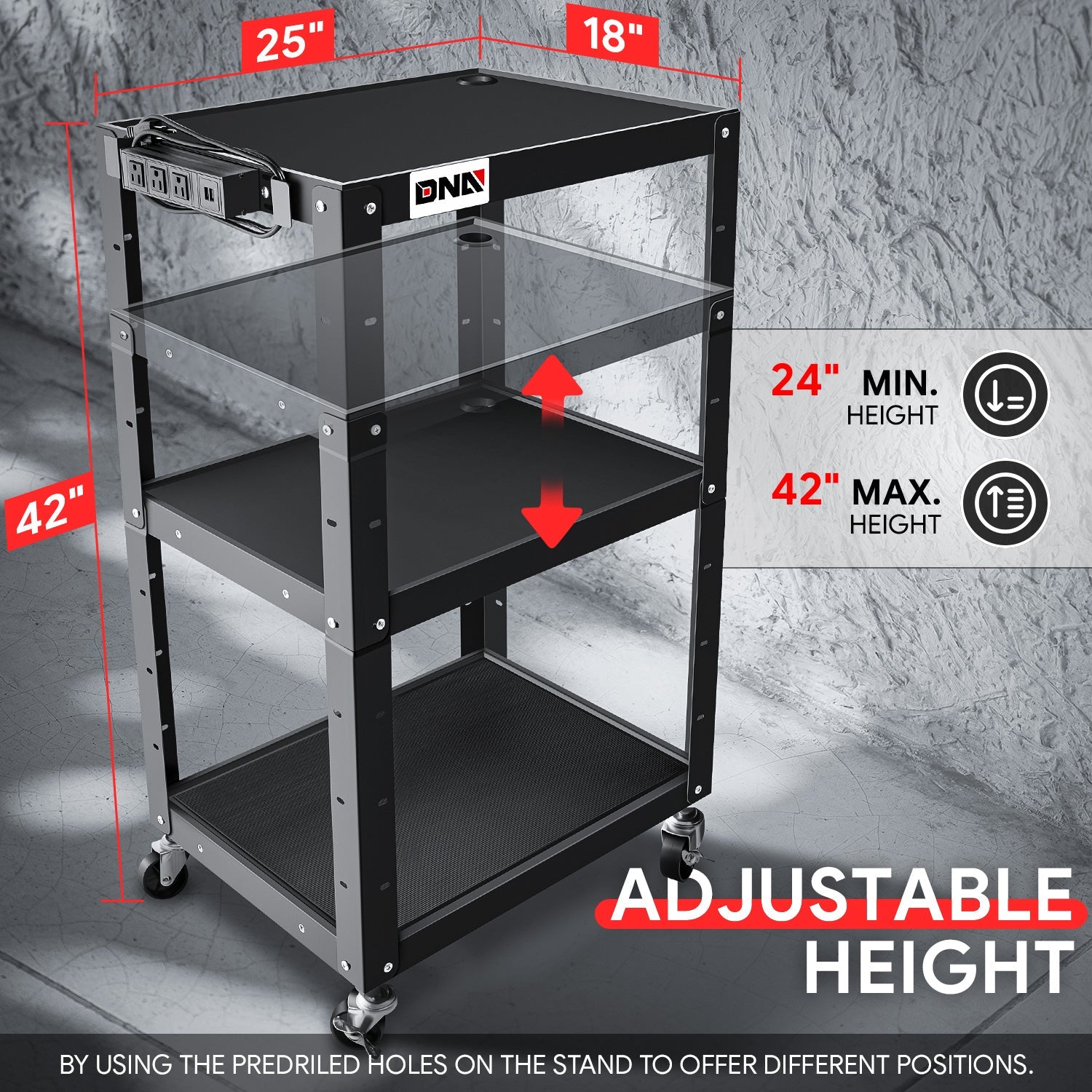 DNA Motoring, 3-Layer Utility Steel Media AV Cart  25 In. x18 In. x24 In. -42 In.