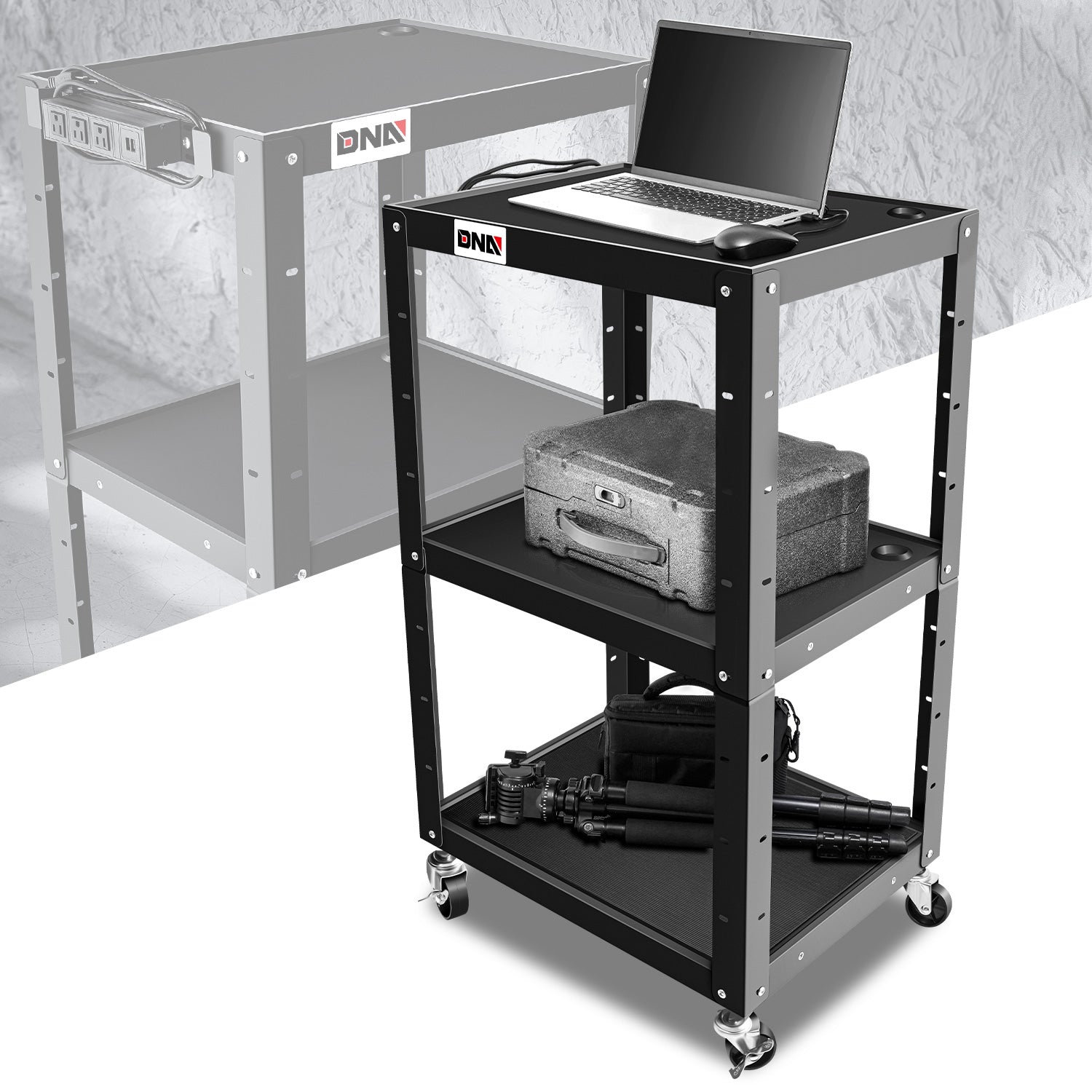 DNA Motoring, 3-Layer Utility Steel Media AV Cart  25 In. x18 In. x24 In. -42 In.