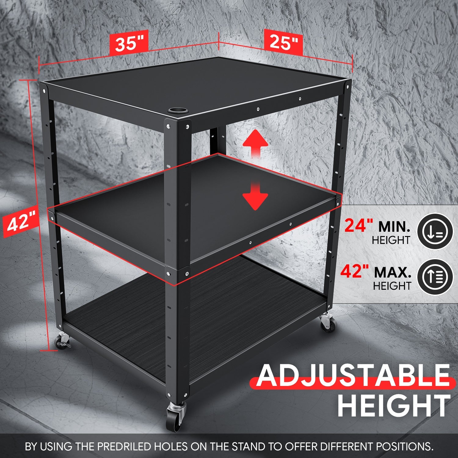 DNA Motoring, 3-Layer Utility Steel Media AV Cart  35 x 25 x 24 -42 In.