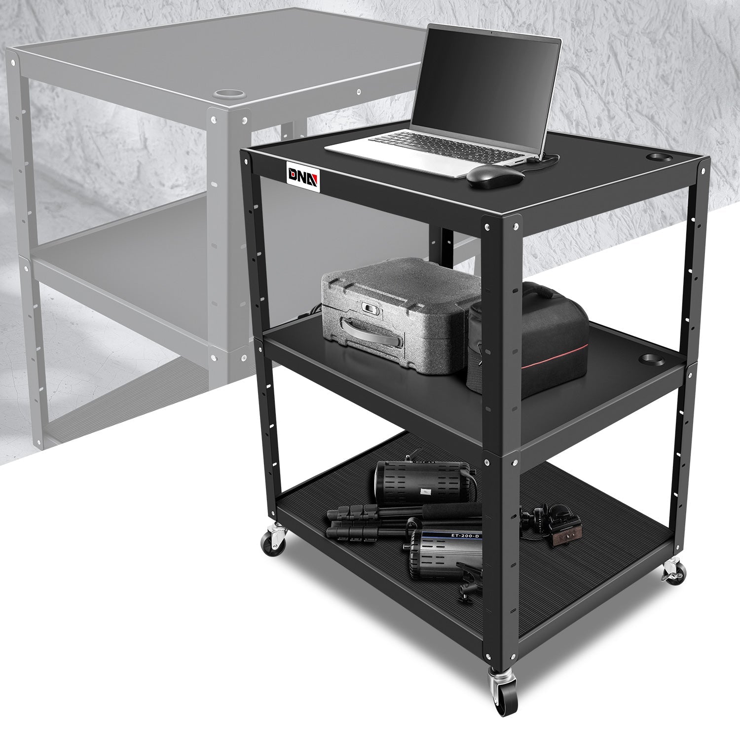 DNA Motoring, 3-Layer Utility Steel Media AV Cart  35 x 25 x 24 -42 In.