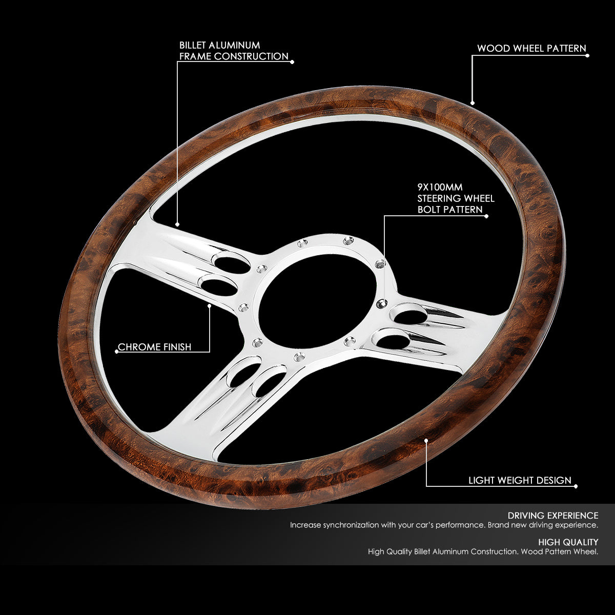 J2 Engineering, 343mm 2.25 in. Deep Dish Banjo Style Wood Grain Grip Steering Wheel