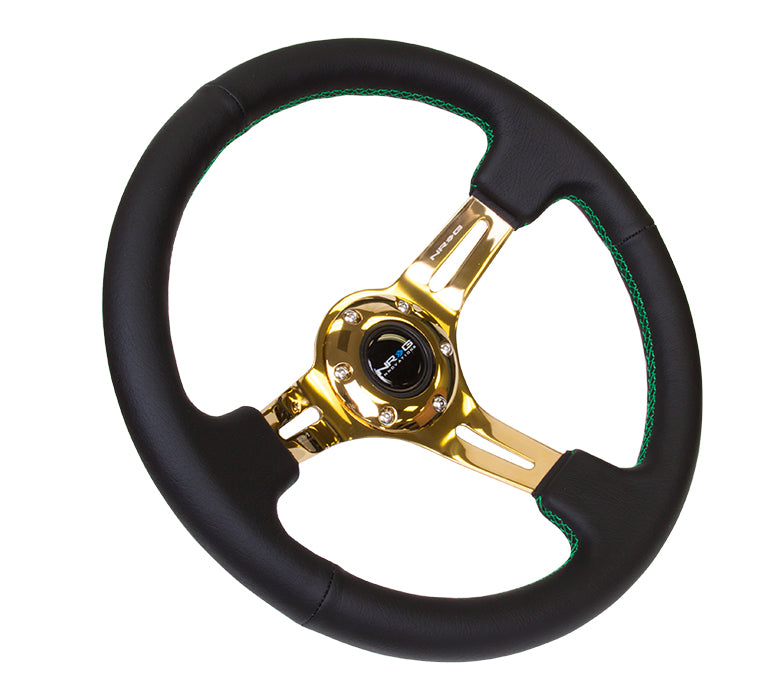 NRG Innovations, 350mm 3 in. Deep Chrome Gold Spoke Leather Steering Wheel - ST-055R-CGGS