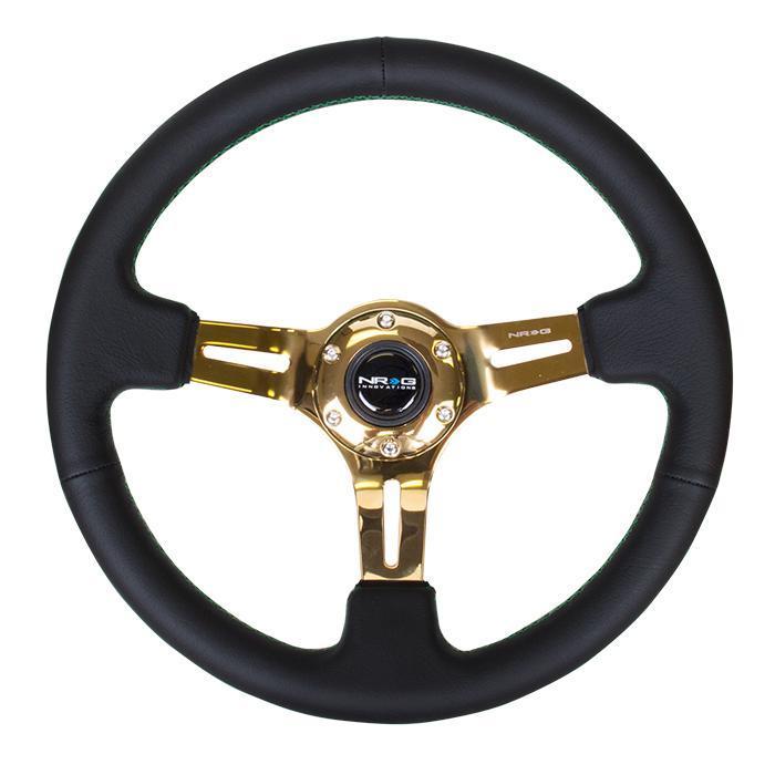 NRG Innovations, 350mm 3 in. Deep Chrome Gold Spoke Leather Steering Wheel - ST-055R-CGGS