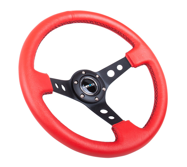 NRG Innovations, 350mm 3 in. Deep Dish Red Leather Grip Steering Wheel - RST-006RR-BS