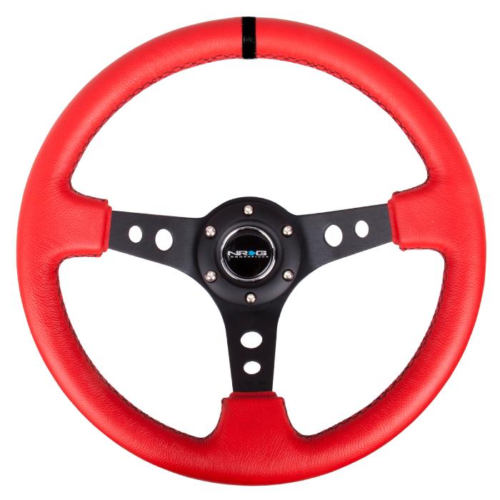 NRG Innovations, 350mm 3 in. Deep Dish Red Leather Grip Steering Wheel - RST-006RR-BS-B