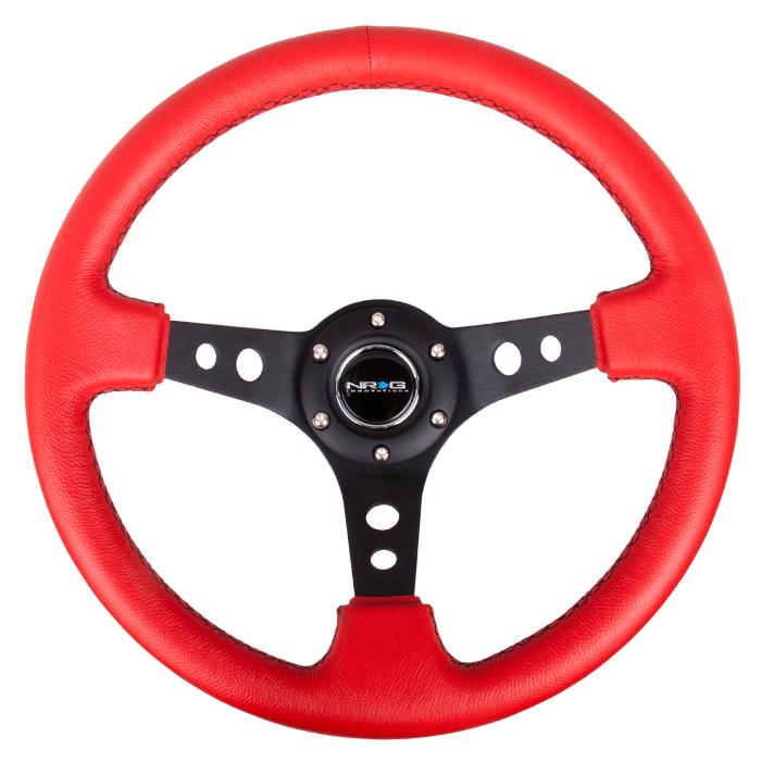 NRG Innovations, 350mm 3 in. Deep Dish Red Leather Grip Steering Wheel - RST-006RR-BS