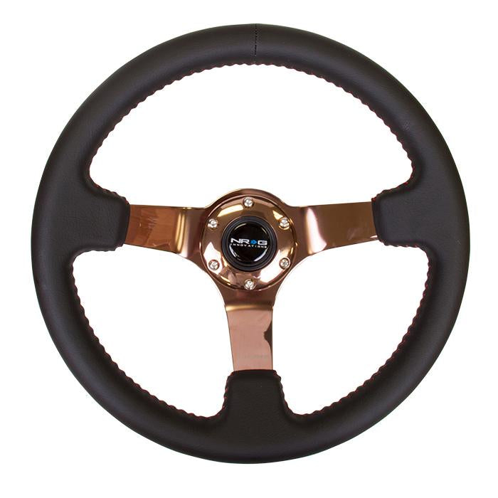 NRG Innovations, 350mm 3 in. Deep Dish Rose Gold Spoke Leather Steering Wheel - ST-036RG