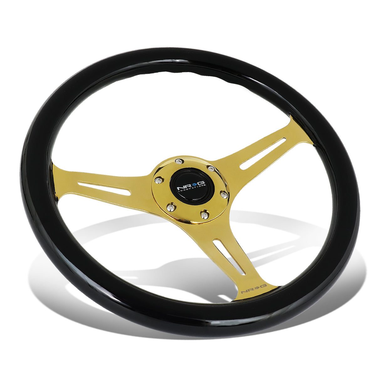 NRG Innovations, 350mm Chrome Gold Spoke Black Grain Steering Wheel - ST-015CG-BK