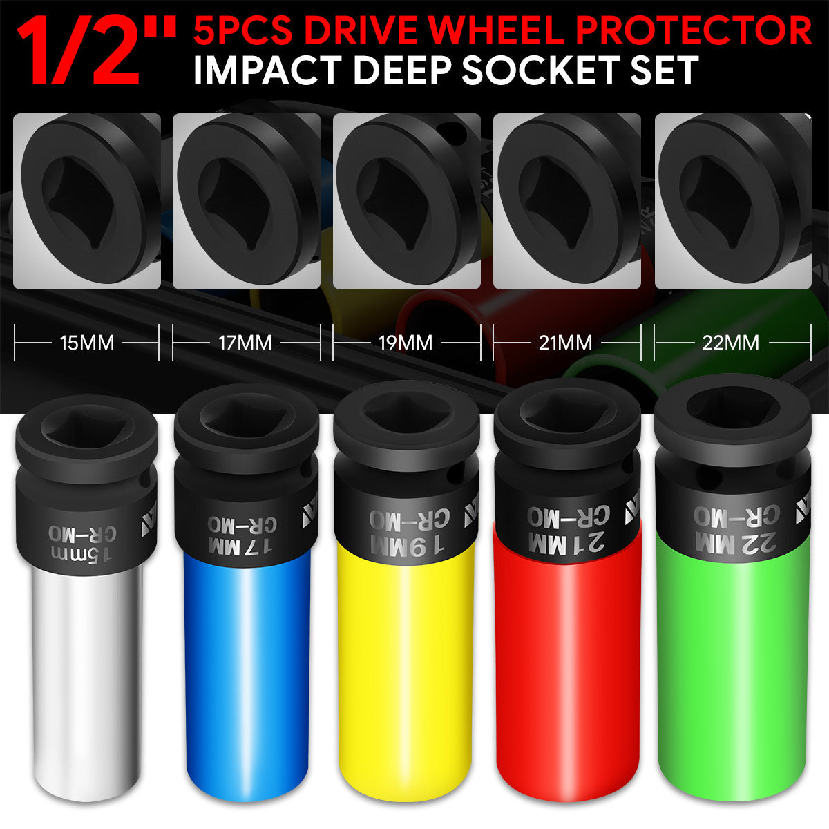 DNA Motoring, 5Pcs Drive Deep Impact Wheel Protector Lug Nut 1/2 in. Socket w/Carrying Case