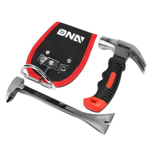 DNA Motoring, 6-1/2 in. Stubby Claw Hammer + 8 in. Multi-Purpose Pry Bar - with Nail Holder