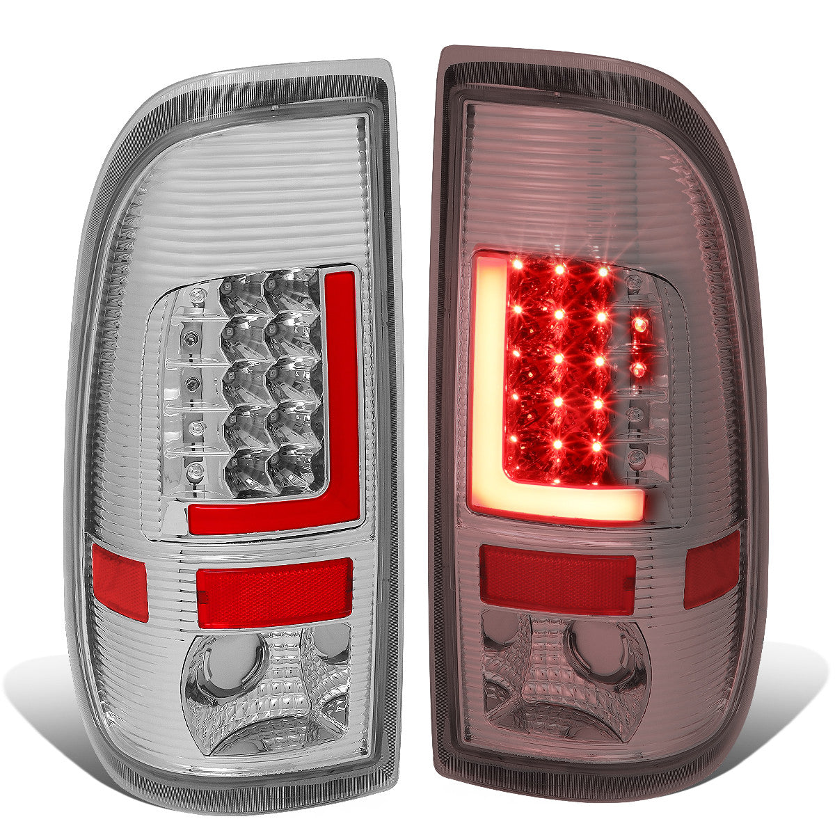 Nuvision Lighting, 97-07 Ford F250 F350 F450 F550 Super Duty Red L-Bar LED Rear Brake Tail Lights - Chrome